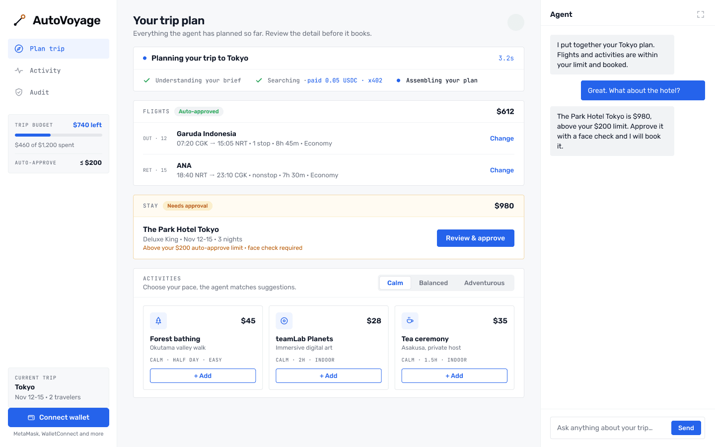 AutoVoyage trip plan dashboard: flights auto-approved, an over-limit hotel awaiting your confirm, and the agent panel.